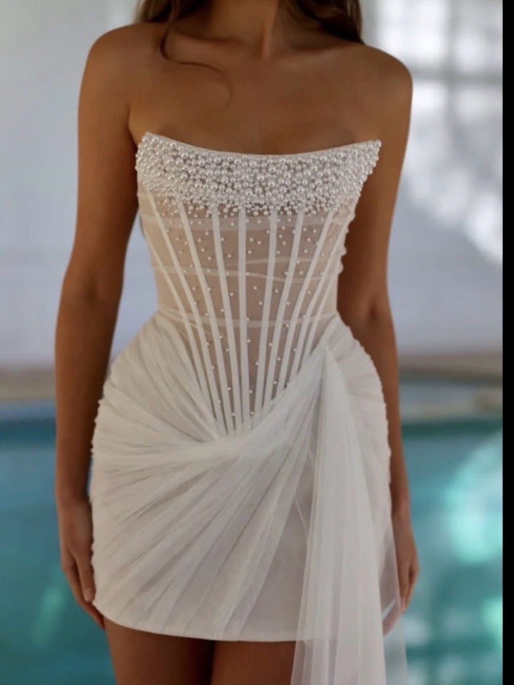 Strapless Pearl-Embellished Cream Mini Dress